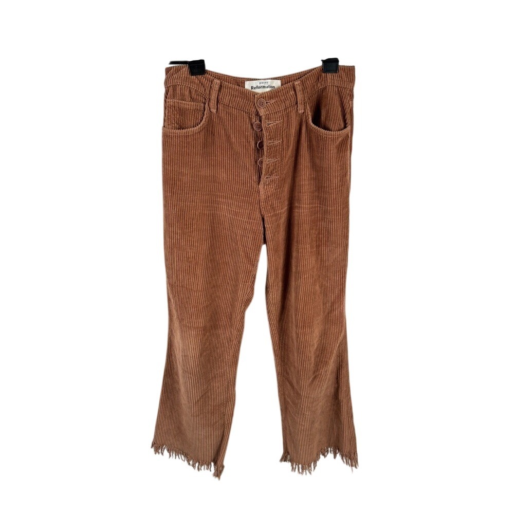 Reformation High Rise Corduroy Crop Flare Pants Frayed Hem High Rise Brown 28